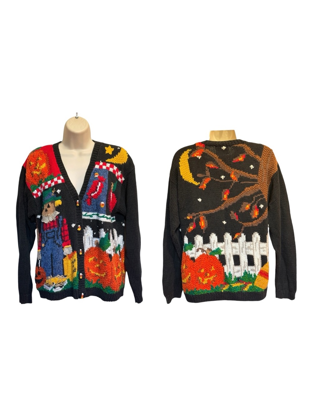 Vintage 90s Susan Bristol Halloween Scarecrow Pumpkin Cardigan Sweater S